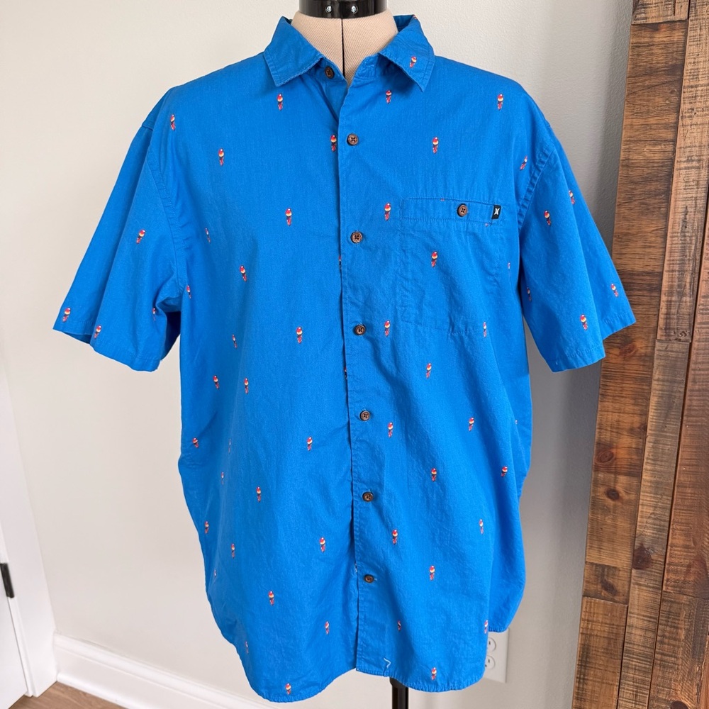 Hurley Mens Organic Cotton Button Up Blue Parrot Print Shirt Size‎ XL